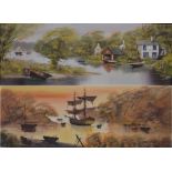 C Hinges A pair, River Cottages and Galleon at Rest signed,