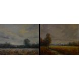 Stev Slimm A pair, Views Across The Meadows signed, oils on board, 18.5cm x 23.