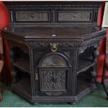 An Victorian carved oak canted sideboard, gallery back, c.