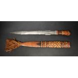 Tribal Art - a Mandinka knife, 33cm pointed blade, leatherwork scabbard and grip, 53cm long overall,