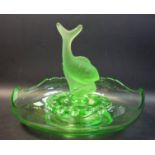 An Art Deco green glass table centre, central frosted glass fish, c.1930, approx.