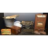 Boxes and Objects - Boots lavender bath soap; counter top cash boxes; Underwood typewriter;