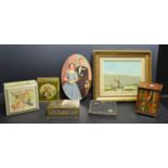 A Huntley and Palmers book stand biscuit tin; a John Whittaker & Sons biscuit tin; a CWS tin;