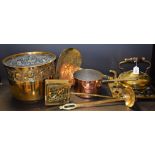 Brass and Copper - a copper pan; brass jardiniere; brass grills; chestnut roaster,