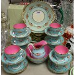 Ceramics - a late 19th/early 20th century part tea service, floral decoration on powder blue ground,