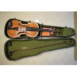 A violin, the one piece back 35cm long excluding button, outlined throughout with purfling,