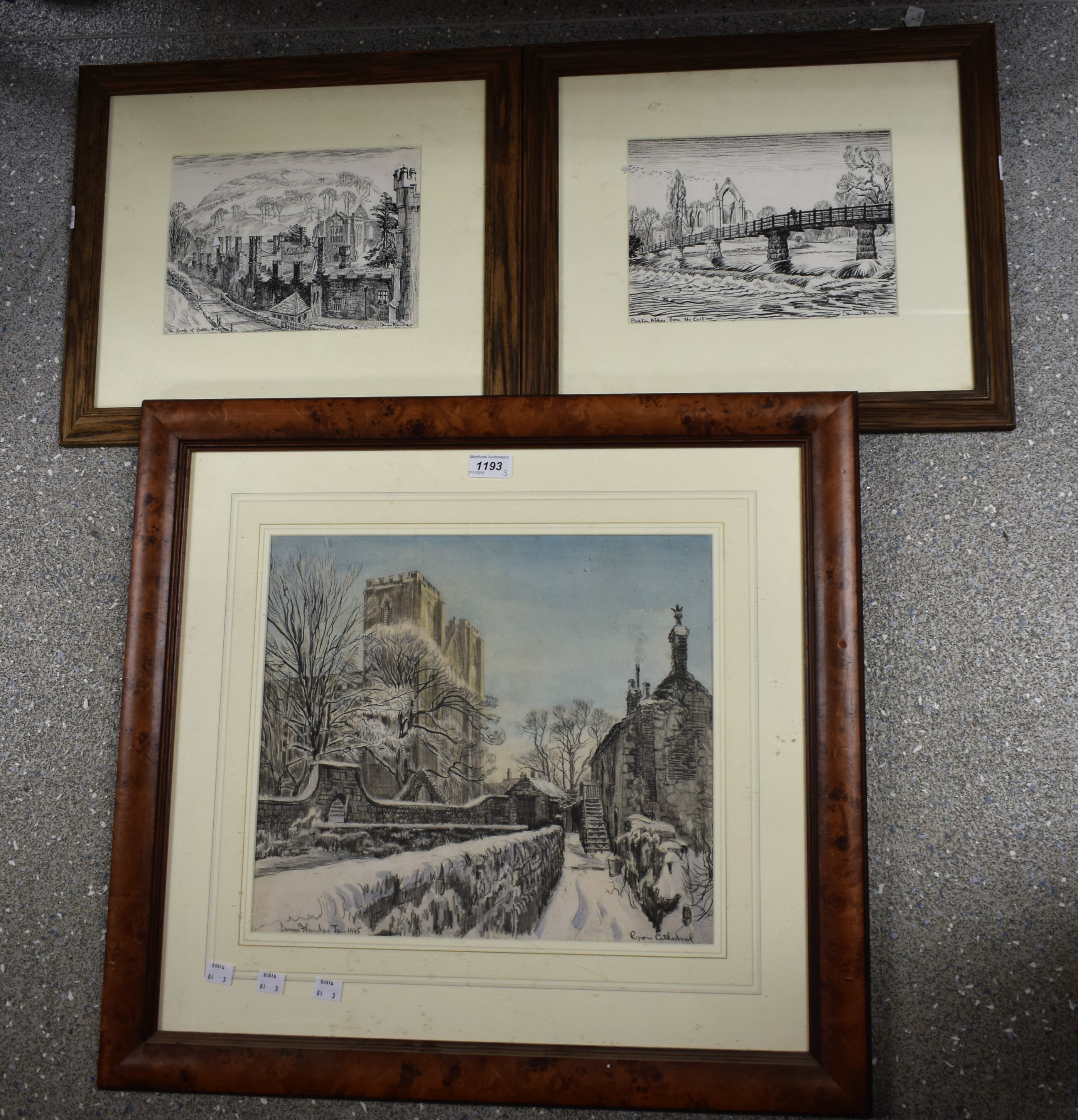 Dennis Handers (20th century) Ripon Cathedral signed, dated 1945, pencil and wash,