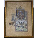 A large Persian painted silk panel, figure bathing in the interior, floral and animal surround,