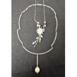 An Art Deco silver marcasite and pearl set necklace; another,