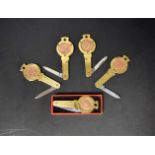 Five Richards of Sheffield gilt metal lucky farthing pen-knives in boxes of issue,