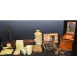 Boxes and Objects - an onyx eight piece desk suite; assorted tools; tins; an Ethophone Jnr box;