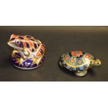 A Royal Crown Derby paperweight, Terrapin, gold stopper, boxed; another, Frog,