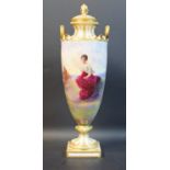 A Minton slender vase and cover, painted by F. E.