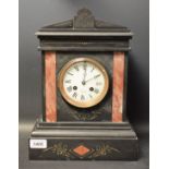 A JW Benson black slate and rouge marble mantel clock, architectural case,