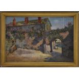 Continental School (early to mid 20th century) French Courtyard with Figure unsigned, oil on board,