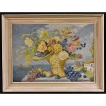 Arthur de Tivoli Still Life, Basket of Flowers and Fruit, In a Landscape signed, oil on board,