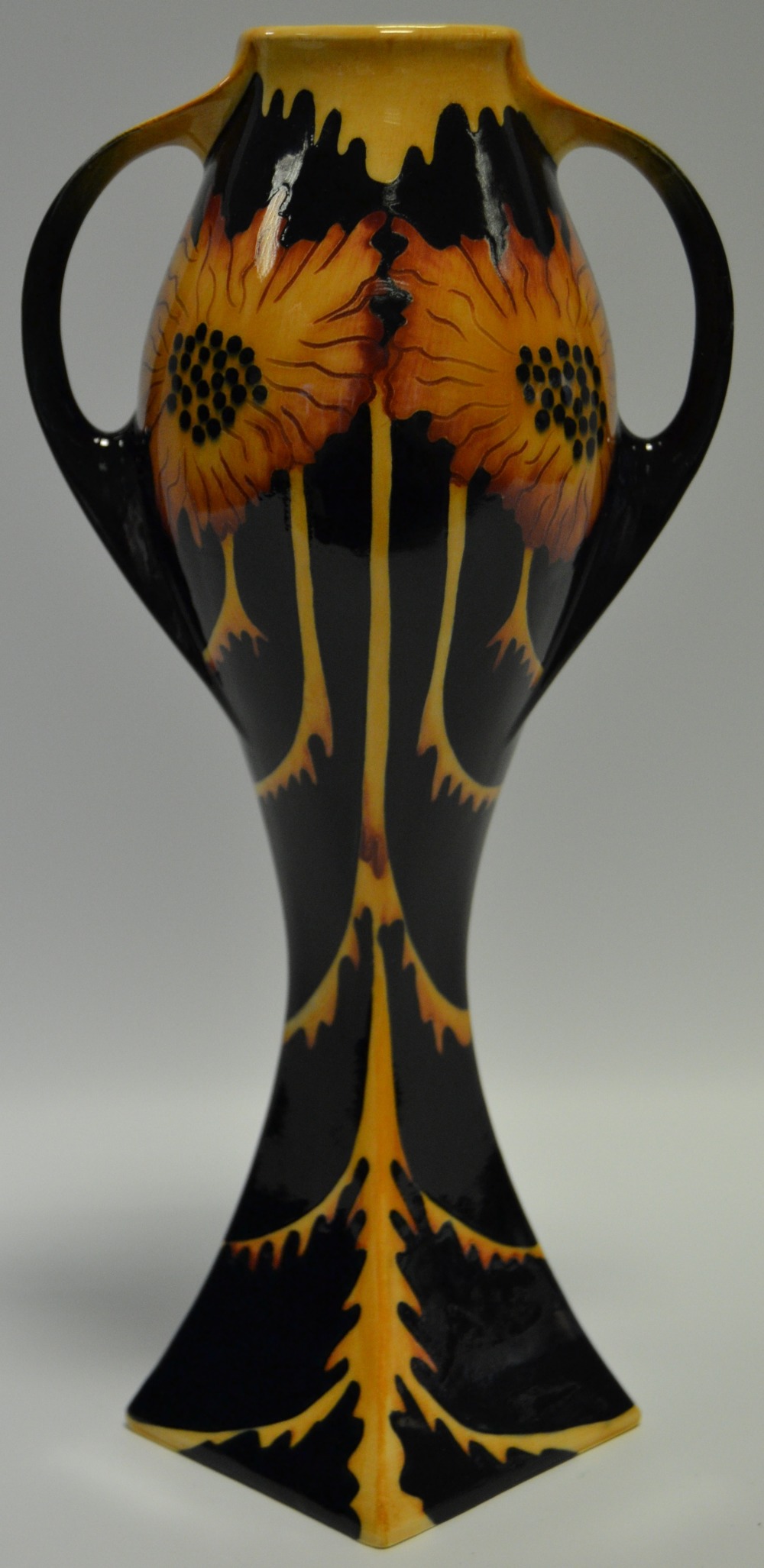 A Black Ryden two handled vase, of abstract square section,
