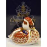 A Royal Crown Derby paperweight, Swimming Duckling, gold stopper,