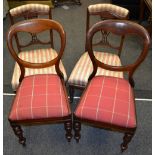 A pair of Victorian mahogany balloon back chairs, horizontal splat, padded seat, turned fore legs.