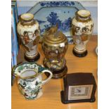 Ceramics - two Oriental baluster vases; another; blue and white meat plate; Masons jug,