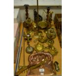 Metalware - an Art Nouveau copper crumb tray and brush; various brassware;