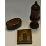 An Orthodox icon; mahogany novelty puzzle snuff box;