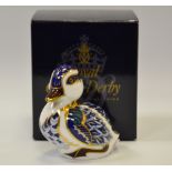 A Royal Crown Derby paperweight, Sitting Duckling, gold stopper,