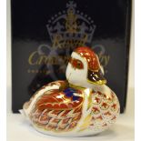 A Royal Crown Derby paperweight, Swimming Duckling, gold stopper,