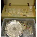 A 1962 military suitcase bearing broad arrow mark; six lead glass whisky tumblers;