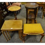 A reproduction nest of three tables; an oak coffee table; a reproduction wine table;