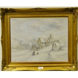 MM (20th century) Michael Moor Sledding inthe village Decorative gilt frame