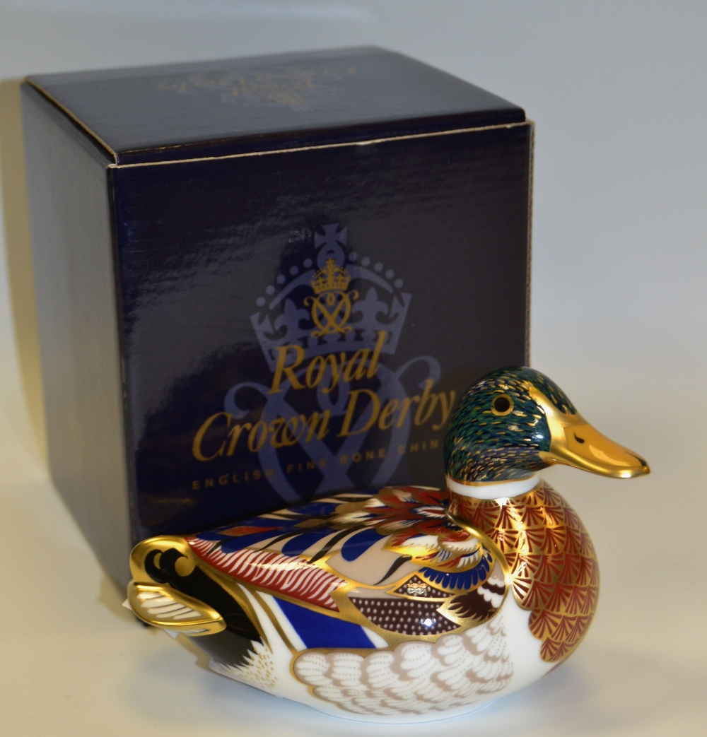 A Royal Crown Derby paperweight, Duck Mallard, gold stopper,