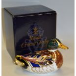 A Royal Crown Derby paperweight, Duck Mallard, gold stopper,