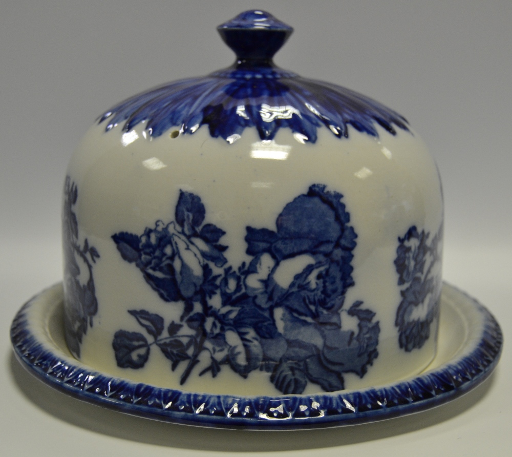 A reproduction Staffordshire Victoria Ironstone Large Cheese Dome and Stand 'Blue Fade Rose