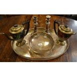 Silverplate - a pair of 19th century Sheffield plate candlesticks; gallery trays;