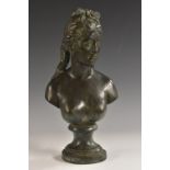 After the Antique, a verdigris patinated bronze bust, of a Maiden, waisted socle,