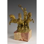 French School (early 20th century), a gilt bronze, Victory, her chariot drawn by three, marble base,