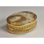 A 19th century Derbyshire spar, agate and gilt metal oval snuff box, hinged cover,