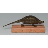 French School (19th century), a dark patinated cabinet bronze, of a hen pheasant, rose marble base,