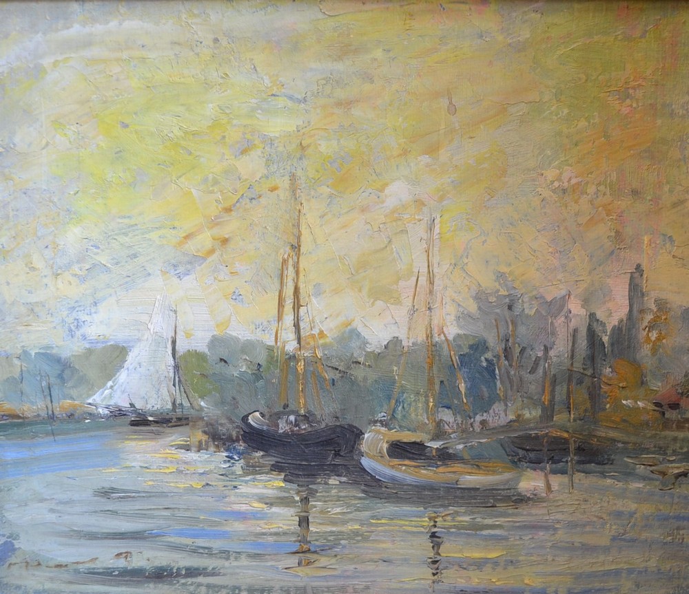 Margaret Platt Impressionist School, Boats at Rest artists name and title to verso, oil on board,