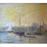 Margaret Platt Impressionist School, Boats at Rest artists name and title to verso, oil on board,