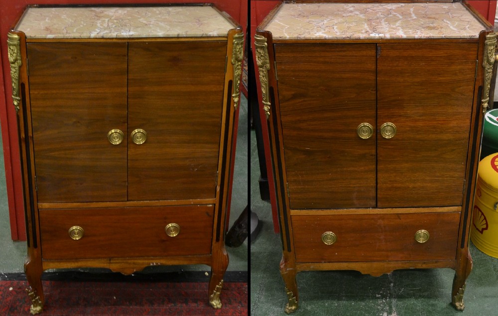 A pair of marble topped Beidermeir cabinets, three quarter galleried rectangular top,