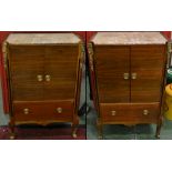 A pair of marble topped Beidermeir cabinets, three quarter galleried rectangular top,