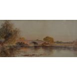 A Marsh River Scene, Fisherman on Bridge signed, watercolour,