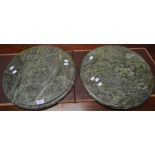 A pair of circular composite marble effect table or pedestal centres,