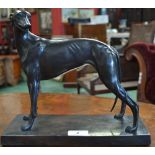 A 20th century bronze coloured metal figure, Standing Greyhound, rectangular plinth,