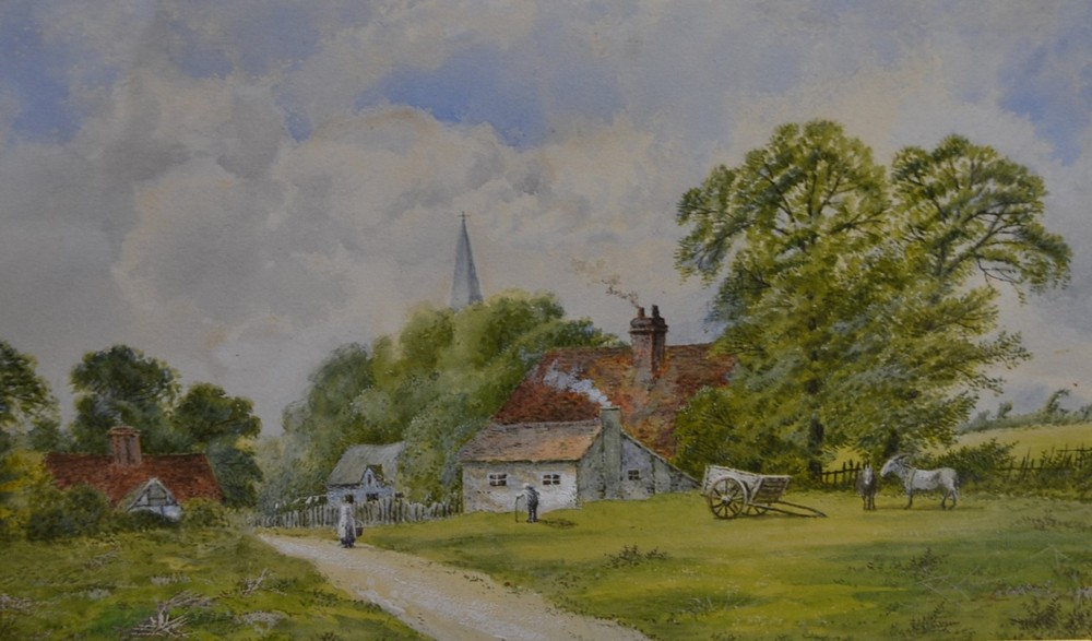 English School Country Village Scene, with figures and animals, c.