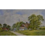 English School Country Village Scene, with figures and animals, c.
