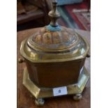 A 19th century brass table casket, tortoiseshell mounted cover, ball feet,