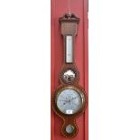 A mahogany cased banjo barometer, brass urnular finial and swan neck pediment,